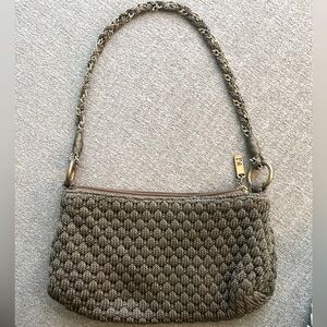 Lina Crochet Woven Handbag in Beige with Metallic Gold Mini Zip Shoulder Bag
